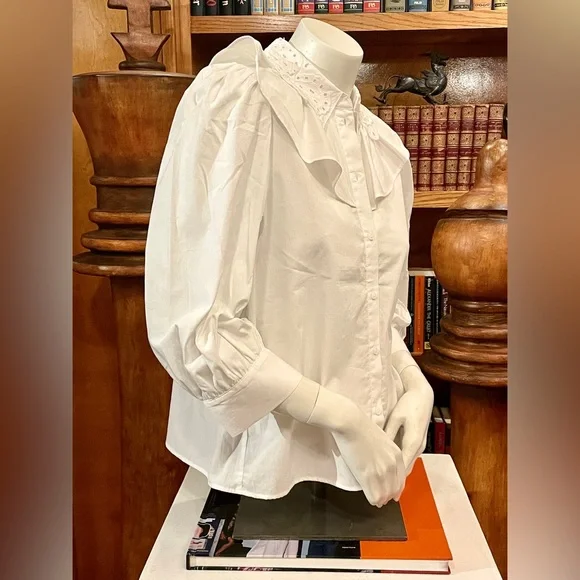 ZARA 100% Eco Cotton - Victorian Ruffle Collar White Blouse - Picture 2 of 8